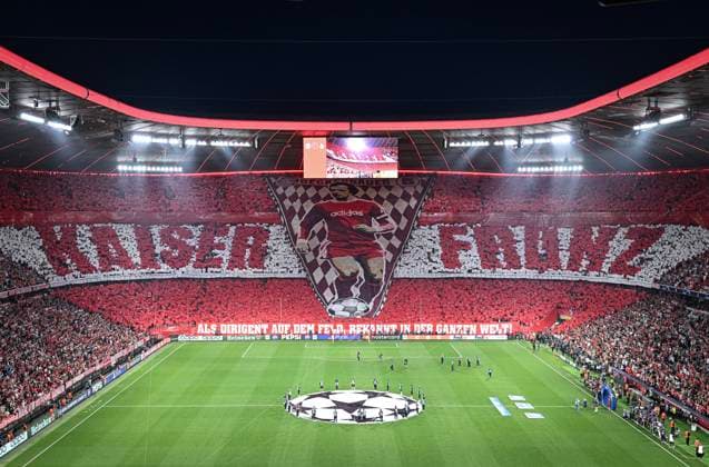 FOOTBALL CHAMPIONS LEAGUE SEASON 2023 2024 Semi-final, first leg FC Bayern Muenchen Real Madrid 30 04 2024 The FC Bayern Muenchen fans commemorate Franz Beckenbauer with a choreography in the Suekurve of the Allianz Arena As a conductor on the field, known all over the world Kaiser Fanz