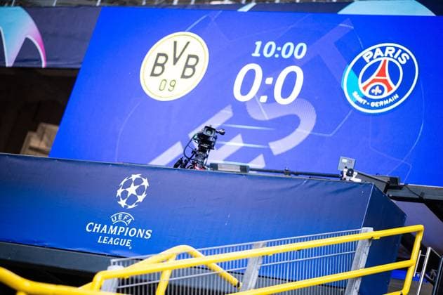 01 05 2024 Football, 2023 2024, UEFA Champions League, semi-final, Borussia Dortmund Paris Saint Germain The Signal Iduna Park, Westfalenstadion with empty seats before the match with the scoreboard of the match and the Champions League logo