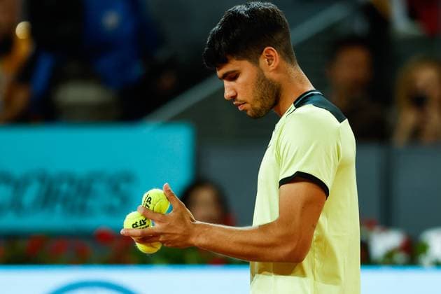 May 1, 2024, Madrid, Madrid, SPAIN: Carlos Alcaraz of Spain in action against Andrey Rublev of Rusia during the Masters 1000 and WTA, Tennis Damen 1000, tournament celebrated at Caja Magica on May 01, 2024 in Madrid, Spain. Madrid SPAIN - ZUMAa181 20240501_zaa_a181_081 Copyright: xIrinaxR.xHipolitox
