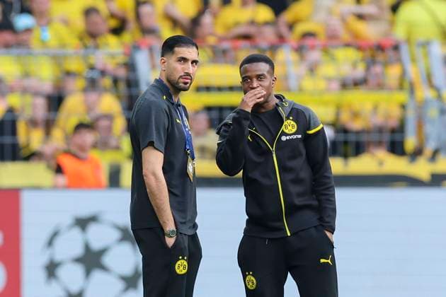 Emre Can Borussia Dortmund and Youssoufa Moukoko Borussia Dortmund talk, UEFA Champions League 2023 24 Semi finals First Leg, Borussia Dortmund vs Paris Saint Germain, Signal Iduna Park, 01 05 2024, Dortmund, Germany