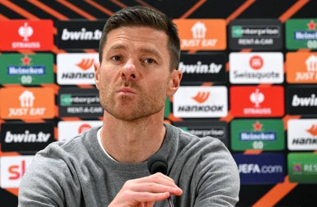 May 1, 2024, Rome: Bayer Leverkusen s head coach Xabi Alonso attends a press conference, PK, Pressekonferenz at the Olimpico stadium in Rome, Italy, 01 May 2024. Bayer Leverkusen face AS Roma in their UEFA Europa League semifinal 1st leg soccer match on 02 May 2024. ANSA ETTORE FERRARI. UEFA Europa League semifinal1st leg MD-1 - Bayer Leverkusen press conference  - ZUMAa110 20240501_zaf_a110_047 Copyright: xEttorexFerrarix
