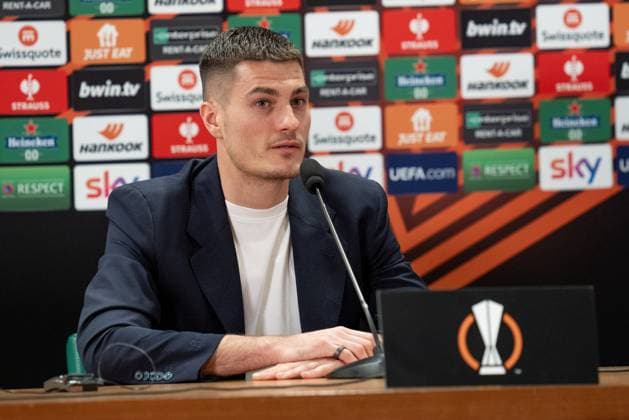 Bayer 04 Leverkusen Training And press conference, PK, Pressekonferenz Patrik Schick of Bayer 04 Leverkusen during a press conference ahead of their UEFA Europa League 2023 24 semi-final match against AS Roma at Stadio Olimpico, on May 01, 2024, in Rome, Italy. Rome Stadio Olimpico Rome Italy Copyright: xGiuseppexMaffiax UEL_BayerLeverkusenPressConference_010524_DSC7790