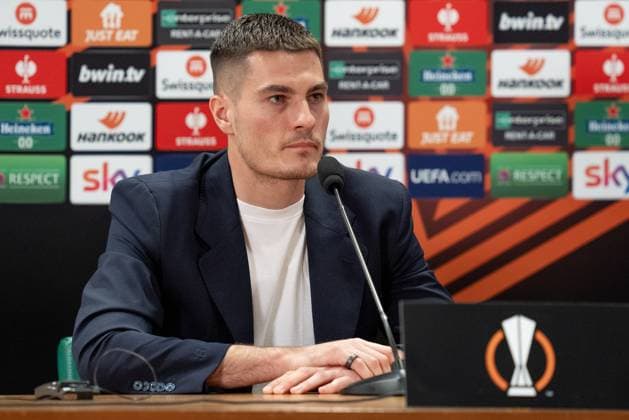 Bayer 04 Leverkusen Training And press conference, PK, Pressekonferenz Patrik Schick of Bayer 04 Leverkusen during a press conference ahead of their UEFA Europa League 2023 24 semi-final match against AS Roma at Stadio Olimpico, on May 01, 2024, in Rome, Italy. Rome Stadio Olimpico Rome Italy Copyright: xGiuseppexMaffiax UEL_BayerLeverkusenPressConference_010524_DSC7802
