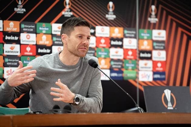 Bayer 04 Leverkusen Training And press conference, PK, Pressekonferenz Xabi Alonso head coach of Bayer 04 Leverkusen during a press conference ahead of their UEFA Europa League 2023 24 semi-final match against AS Roma at Stadio Olimpico, on May 01, 2024, in Rome, Italy. Rome Stadio Olimpico Rome Italy Copyright: xGiuseppexMaffiax UEL_BayerLeverkusenPressConference_010524_DSC8001