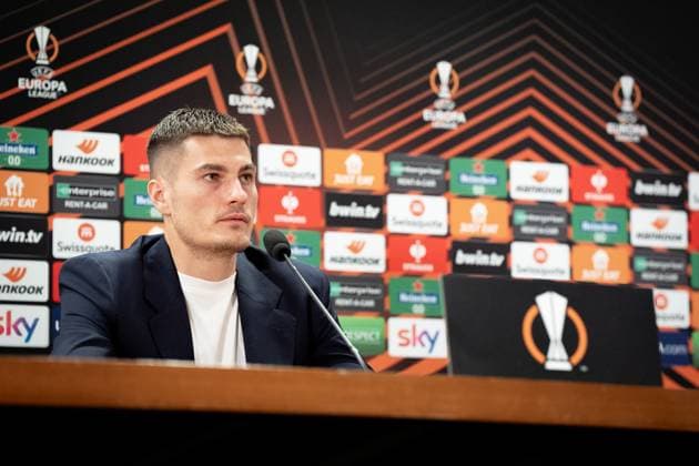 Bayer 04 Leverkusen Training And press conference, PK, Pressekonferenz Patrik Schick of Bayer 04 Leverkusen during a press conference ahead of their UEFA Europa League 2023 24 semi-final match against AS Roma at Stadio Olimpico, on May 01, 2024, in Rome, Italy. Rome Stadio Olimpico Rome Italy Copyright: xGiuseppexMaffiax UEL_BayerLeverkusenPressConference_010524_DSC8039
