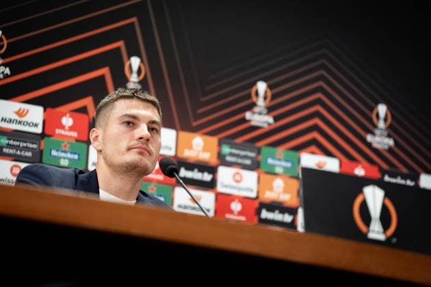 Bayer 04 Leverkusen Training And press conference, PK, Pressekonferenz Patrik Schick of Bayer 04 Leverkusen during a press conference ahead of their UEFA Europa League 2023 24 semi-final match against AS Roma at Stadio Olimpico, on May 01, 2024, in Rome, Italy. Rome Stadio Olimpico Rome Italy Copyright: xGiuseppexMaffiax UEL_BayerLeverkusenPressConference_010524_DSC8103