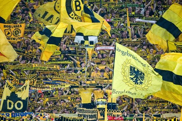 DORTMUND - Borussia Dortmund fans during the UEFA Champions League semi-final match between Borussia Dortmund and Paris Saint Germain at Signal Iduna Park on May 1, 2024 in Dortmund, Germany. ANP Hollandse Hoogte UEFA Conference League 2023 24 2023 2024 xVIxANPxSportx xGerritxvanxKeulenxIVx 497375071 originalFilename: 497375071.jpg