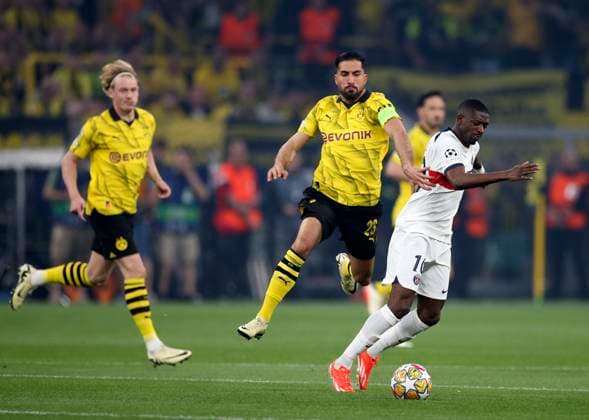 01 05 2024, Football UEFA Champions League 2023 2024, Semi-final, Borussia Dortmund FC Paris Saint Germain at Signal Iduna Park Dortmund Ousmane Dembele re, Paris Saint Germain vs Emre Can li, Borussia Dortmund DFL and DFB regulations prohibit any use of photographs as image sequences and or quasi video