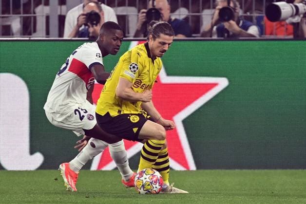 01 05 2024, xjrdrx, Football UEFA Champions League, Borussia Dortmund Paris St Germain emspor, v l Nuno Mendes PSG Paris St Germain , Marcel Sabitzer Borussia Dortmund DFL DFB REGULATIONS PROHIBIT ANY USE OF PHOTOGRAPHS as IMAGE SEQUENCES and or QUASI VIDEO Dortmund
