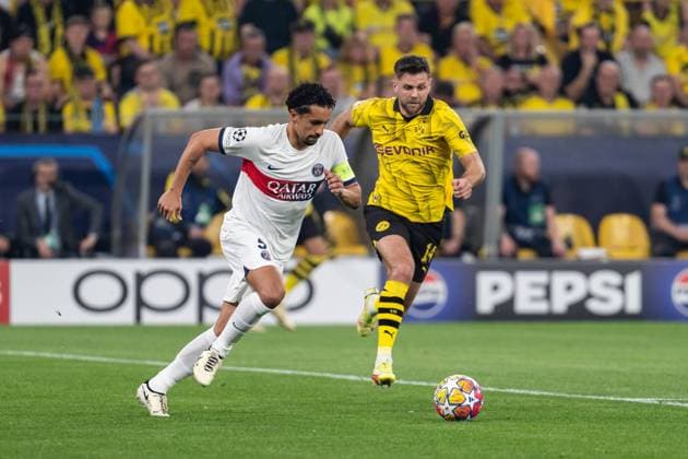 GER, UEFA Champions League, semi-final first leg, Borussia Dortmund vs Paris Saint Germain 01 05 2024, Signal Iduna Park, Dortmund, GER, UEFA Champions League, semi-final first leg, Borussia Dortmund vs Paris Saint Germain In the picture duel between Marquinhos Paris Saint Germain, 5 full body full body ball on foot and Niclas Füllkrug Fuellkrug BV Borussia Dortmund, 14 nordphotoxGmbHxx xChristianxSchulze nph000300