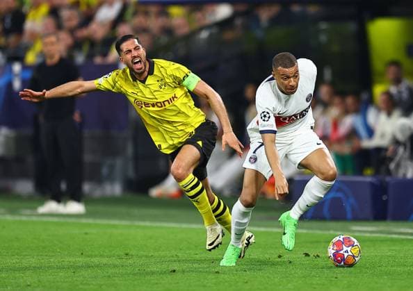 Emre Can of Borussia Dortmund battles with Kylian Mbappe of Paris Saint-Germain Borussia Dortmund v Paris Saint-Germain, UEFA Champions League, Semi Final, First Leg, Football, Signal Iduna Park, Dortmund, Germany - 01 May 2024 EDITORIAL USE ONLY No use with unauthorised audio, video, data, fixture lists, club league logos or live services. Online in-match use limited to 120 images, no video emulation. No use in betting, games or single club league player publications. Copyright: xMichaelxZemanek Shutterstockx 14454339j