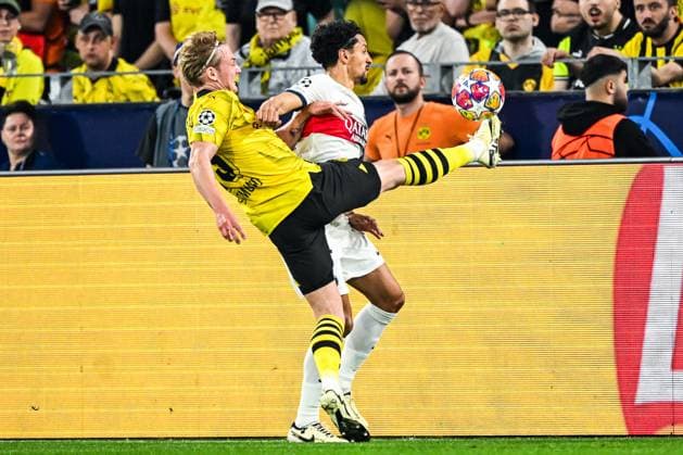 DORTMUND - (l-r) Julian Brandt of Borussia Dortmund, Marquinhos of Paris Saint Germain during the UEFA Champions League semi-final match between Borussia Dortmund and Paris Saint Germain at Signal Iduna Park on May 1, 2024 in Dortmund, Germany. ANP Hollandse Hoogte UEFA Conference League 2023 24 2023 2024 xVIxANPxSportx xGerritxvanxKeulenxIVx 497376214 originalFilename: 497376214.jpg