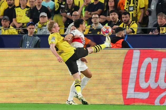 Julian Brandt Borussia Dortmund and Marquinhos Paris Saint Germain fight for the ball, UEFA Champions League 2023 24 Semi finals First Leg, Borussia Dortmund vs Paris Saint Germain, Signal Iduna Park, 01 05 2024, Dortmund, Germany