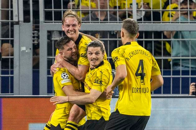 Soccer Champions League semi-final, first leg Borussia Dortmund Paris St Germain on 01 05 2024 at Signal Iduna Park Dortmunds Niclas Füllkrug l r celebrates after his goal for 1 0 with Dortmunds Julian Brandt, Dortmunds Marcel Sabitzer and Dortmunds Nico Schlotterbeck IMPORTANT NOTE In accordance with UEFA regulations, it is prohibited to use or have used photographs taken in the stadium and or of the match in the form of sequential images and or video-like photo series Copyright: xKirchner DavidxInderliedx