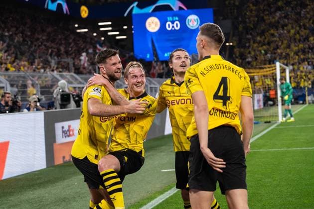 GER, UEFA Champions League, Semi-final first leg, Borussia Dortmund vs Paris Saint Germain 01 05 2024, Signal Iduna Park, Dortmund, GER, UEFA Champions League, Semi-final first leg, Borussia Dortmund vs Paris Saint Germain In the picture Goal celebrations for the 1-0 goal by Niclas Füllkrug Fuellkrug BV Borussia Dortmund, 14 Julian Brandt BV Borussia Dortmund, 19 Marcel Sabitzer BV Borussia Dortmund, 20 Nico Schlotterbeck BV Borussia Dortmund, 4 nordphotoxGmbHxx xChristianxSchulze nph000300