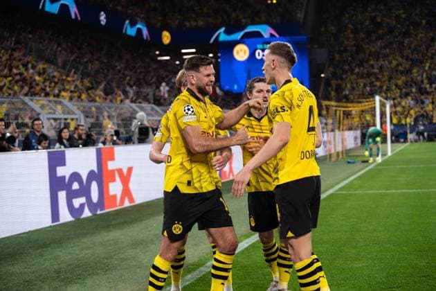 GER, UEFA Champions League, Semi-final first leg, Borussia Dortmund vs Paris Saint Germain 01 05 2024, Signal Iduna Park, Dortmund, GER, UEFA Champions League, Semi-final first leg, Borussia Dortmund vs Paris Saint Germain In the picture Goal celebrations for the 1-0 goal by Niclas Füllkrug Fuellkrug BV Borussia Dortmund, 14 Julian Brandt BV Borussia Dortmund, 19 Marcel Sabitzer BV Borussia Dortmund, 20 Nico Schlotterbeck BV Borussia Dortmund, 4 nordphotoxGmbHxx xChristianxSchulze nph000300