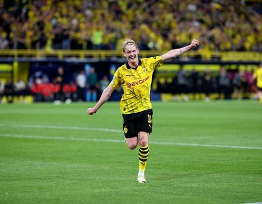 01 05 2024, Football UEFA Champions League 2023 2024, Semi-final, Borussia Dortmund FC Paris Saint Germain at Signal Iduna Park Dortmund Julian Brandt Borussia Dortmund ubelt beim 1 0 von Füllkrug DFL and DFB regulations prohibit any use of photographs as image sequences and or quasi video