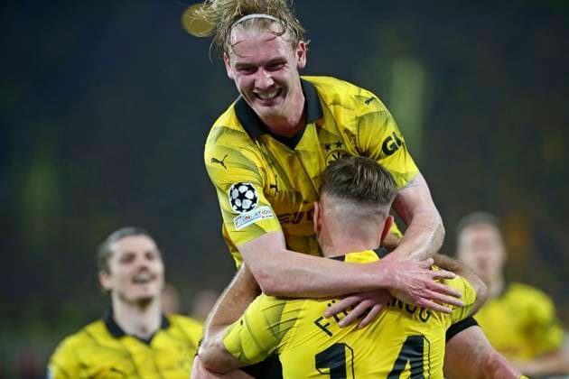 01 05 2024, Football UEFA Champions League 2023 2024, Semi-final, Borussia Dortmund FC Paris Saint Germain at Signal Iduna Park Dortmund Julian Brandt Borussia Dortmund cheers with Niclas Füllkrug Borussia Dortmund to 1 0 DFL and DFB regulations prohibit any use of photographs as image sequences and or quasi video