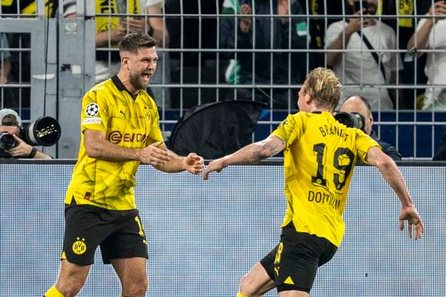 Soccer Champions League semi-final, first leg Borussia Dortmund Paris St Germain on 01 05 2024 at Signal Iduna Park Dortmunds Niclas Füllkrug celebrates after his goal to 1 0 with Dortmunds Julian Brandt IMPORTANT NOTE In accordance with UEFA regulations, it is prohibited to use or have used photographs taken in the stadium and or of the match in the form of sequential images and or video-like photo series Copyright: xKirchner DavidxInderliedx