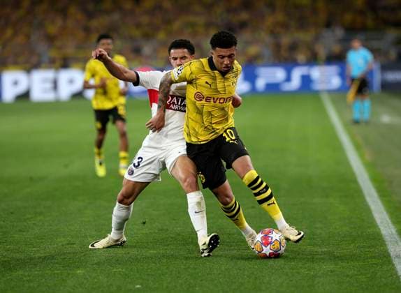 01 05 2024, Football UEFA Champions League 2023 2024, Semi-final, Borussia Dortmund FC Paris Saint Germain at Signal Iduna Park Dortmund v li Warren Zaire Emery Paris Saint Germain v Jadon Sancho Borussia Dortmund DFL and DFB regulations prohibit any use of photographs as image sequences and or quasi video