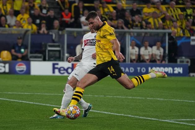 Football, UEFA Champions League season 2023 2024, Semifinal, Semifinal , Borussia Dortmund Paris Saint Germain, Signal Iduna Park Dortmund Niclas Füllkrug BVB, action, single image scored the 1 0
