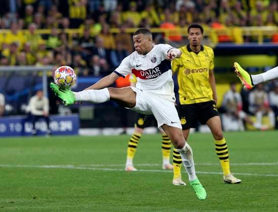 01 05 2024, Football UEFA Champions League 2023 2024, Semi-final, Borussia Dortmund FC Paris Saint Germain at Signal Iduna Park Dortmund Kylian Mbappe Paris Saint Germain on the ball DFL and DFB regulations prohibit any use of photographs as image sequences and or quasi video