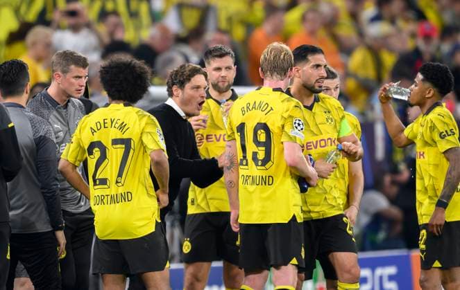 Coach Edin TERZIC DO surrounded by players, gives instructions, from l Co Coach Sven BENDER DO , Karim David ADEYEMI DO , Coach Edin TERZIC DO , Niclas FUELLKRUG Füllkrug DO , Julian BRANDT DO , Emre CAN DO , Ian MAATSEN DO Football Champions League, Semi-Final, First leg, Borussia Dortmund DO Paris St Germain PSG 1 0, on 01 05 2024 in Dortmund Germany UEFA regulations prohibit any use of photographs as image sequences and or quasi video Â