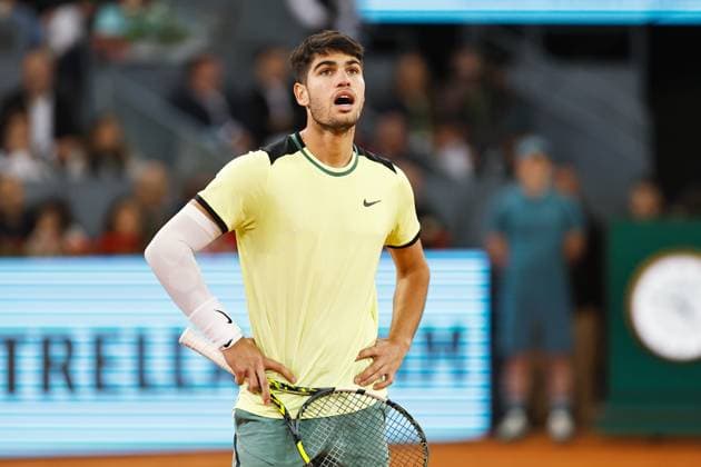 Sport Bilder des Tages Carlos Alcaraz (ESP), MAY 1, 2024 - Tennis : Carlos Alcaraz during singles Quarter finals match against Andrey Rublev on the ATP, Tennis Herren tour Masters 1000 Mutua Madrid Open tennis tournament at the Caja Magica in Madrid, Spain. Noxthirdxpartyxsales  (251853821)