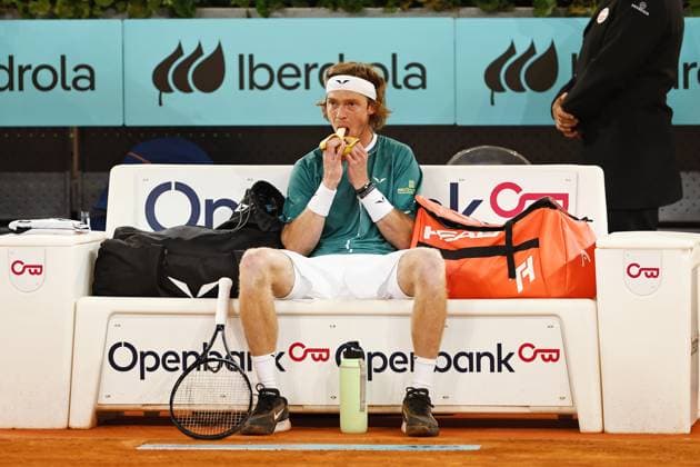 Andrey Rublev (RUS), MAY 1, 2024 - Tennis : Andrey Rublev during singles Quarter finals match against Carlos Alcaraz on the ATP, Tennis Herren tour Masters 1000 Mutua Madrid Open tennis tournament at the Caja Magica in Madrid, Spain. Noxthirdxpartyxsales  (251854233)