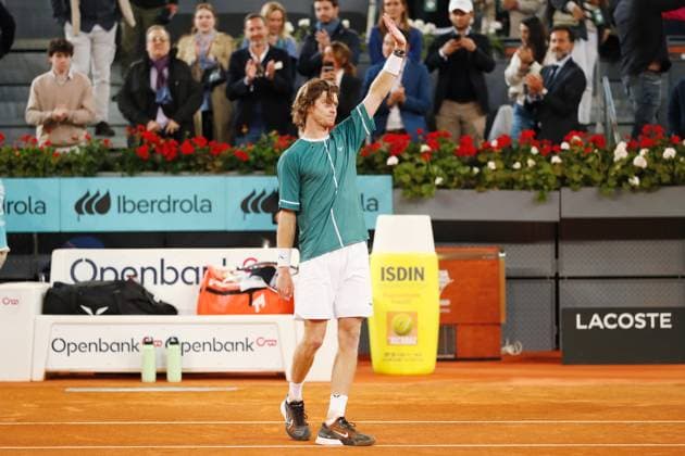 Andrey Rublev (RUS), MAY 1, 2024 - Tennis : Andrey Rublev celebrate after winning singles Quarter finals match against Carlos Alcaraz on the ATP, Tennis Herren tour Masters 1000 Mutua Madrid Open tennis tournament at the Caja Magica in Madrid, Spain. Noxthirdxpartyxsales  (251854710)