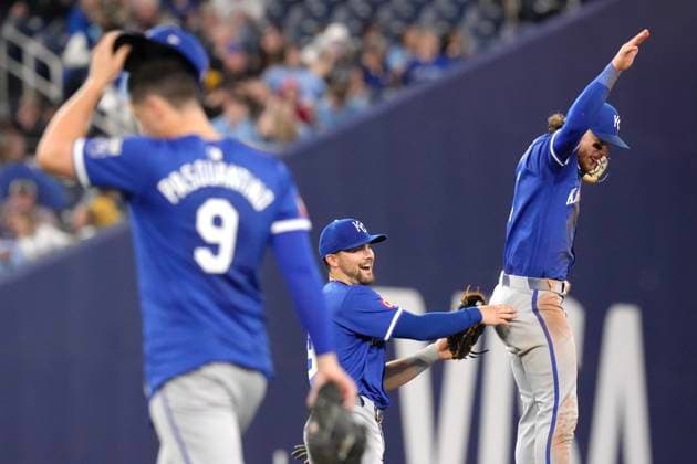 May 1, 2024, Toronto, On, CAN: Kansas City Royals second baseman Michael Massey (centre) celebrates with Bobby Witt Jr. after the Royals win over the Toronto Blue Jays in American League MLB, Baseball Herren, USA baseball action in Toronto on Wednesday, May 1, 2024. Michael Massey; Bobby Witt Jr.  - ZUMAc35_ 20240501_zaf_c35_140 Copyright: xChrisxYoungx