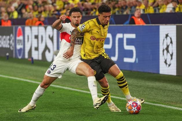Champions League Borussia Dortmund Paris Saint Germain on 01 05 2024 at Signal Iduna Park in Dortmund Jadon Sancho Dortmund 10 vs Warren Zaire Emery Paris 33 MH