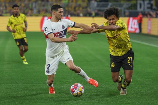 Champions League Borussia Dortmund Paris Saint Germain on 01 05 2024 at Signal Iduna Park in Dortmund Karim Adeyemi Dortmund 27 vs Achraf Hakimi Paris Saint Germain 2 MH