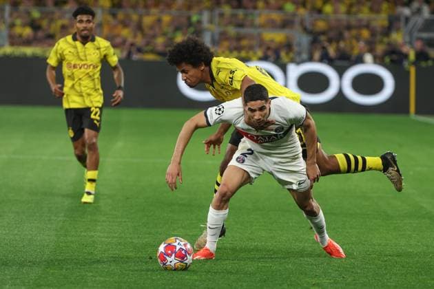 Champions League Borussia Dortmund Paris Saint Germain on 01 05 2024 at Signal Iduna Park in Dortmund Karim Adeyemi Dortmund 27 vs Achraf Hakimi Paris Saint Germain 2 MH
