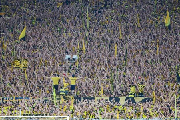 Champions League Borussia Dortmund Paris Saint Germain on 01 05 2024 at Signal Iduna Park in Dortmund The Borussia Dortmund fans in the south stand support all arms up MH