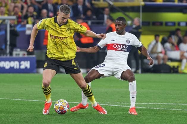 Champions League Borussia Dortmund Paris Saint Germain on 01 05 2024 at Signal Iduna Park in Dortmund Nico Schlotterbeck Dortmund 4 vs Ousmane Dembele Paris Saint Germain 10 MH