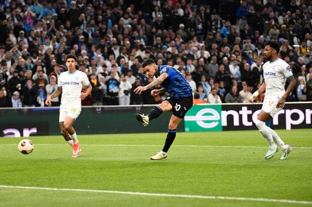 But Gianluca SCAMACCA (ABC) lors de la demi-finale aller le Ligue Europa opposant l™Olympique de Marseille Ã Atalanta Bergame Calcio au Stade VÃ lodrome le 2 mai 2024 Ã Marseille, Espagne FOOTBALL : Olympique de Marseille vs. Atalanta Bergame Calcio - UEFA Europa League - 02 05 2024 ValentinaClaret Panoramic 