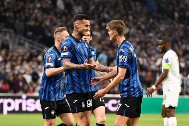 Celebration but Gianluca SCAMACCA (ABC) lors de la demi-finale aller le Ligue Europa opposant l™Olympique de Marseille Ã Atalanta Bergame Calcio au Stade VÃ lodrome le 2 mai 2024 Ã Marseille, Espagne FOOTBALL : Olympique de Marseille vs. Atalanta Bergame Calcio - UEFA Europa League - 02 05 2024 ValentinaClaret Panoramic 
