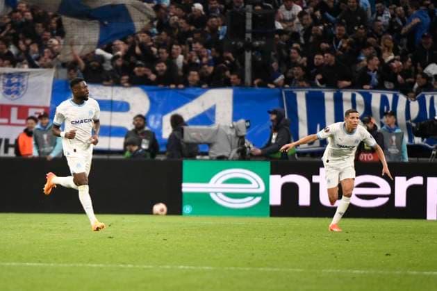 Celebration but Chancel MBEMBA (OM) lors de la demi-finale aller le Ligue Europa opposant l™Olympique de Marseille Ã Atalanta Bergame Calcio au Stade VÃ lodrome le 2 mai 2024 Ã Marseille, Espagne FOOTBALL : Olympique de Marseille vs. Atalanta Bergame Calcio - UEFA Europa League - 02 05 2024 ValentinaClaret Panoramic 