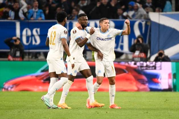 Celebration but Chancel MBEMBA (OM), Michael MURILLO (OM), Amine HARIT (OM) lors de la demi-finale aller le Ligue Europa opposant l™Olympique de Marseille Ã Atalanta Bergame Calcio au Stade VÃ lodrome le 2 mai 2024 Ã Marseille, Espagne FOOTBALL : Olympique de Marseille vs. Atalanta Bergame Calcio - UEFA Europa League - 02 05 2024 ValentinaClaret Panoramic 