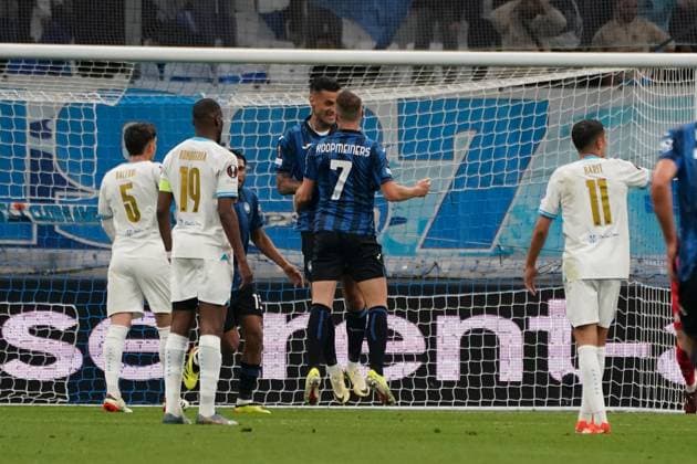Gianluca Scamacca of Atalanta Bergame celebrates after scoring during the UEFA Europa League semifinal first leg match between Atalanta Bergame and Olympique de Marseille at Orange VÃ lodrome in Marseille. FOOTBALL : Olympique de Marseille vs Atalanta Bergame - Demi finale Europa League - Marseille - 02 05 2024 NorbertScanella Panoramic 