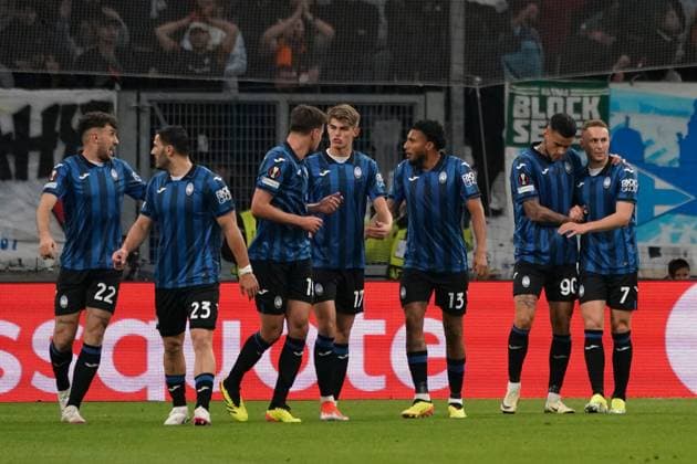 Gianluca Scamacca and team of Atalanta Bergame celebrates after scoring during the UEFA Europa League semifinal first leg match between Atalanta Bergame and Olympique de Marseille at Orange VÃ lodrome in Marseille. FOOTBALL : Olympique de Marseille vs Atalanta Bergame - Demi finale Europa League - Marseille - 02 05 2024 NorbertScanella Panoramic 