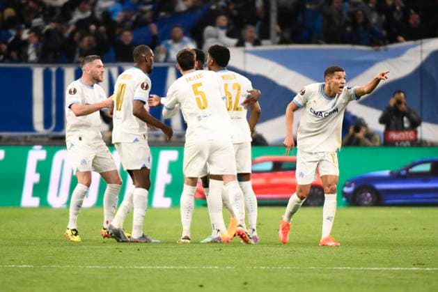Celebration but Chancel MBEMBA (OM), Amine HARIT (OM) lors de la demi-finale aller le Ligue Europa opposant l™Olympique de Marseille Ã Atalanta Bergame Calcio au Stade VÃ lodrome le 2 mai 2024 Ã Marseille, Espagne FOOTBALL : Olympique de Marseille vs. Atalanta Bergame Calcio - UEFA Europa League - 02 05 2024 ValentinaClaret Panoramic 