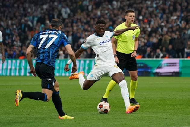 Chancel Mbemba of Olympique de Marseille score a goal during the UEFA Europa League semifinal first leg match between Atalanta Bergame and Olympique de Marseille at Orange VÃ lodrome in Marseille. FOOTBALL : Olympique de Marseille vs Atalanta Bergame - Demi finale Europa League - Marseille - 02 05 2024 NorbertScanella Panoramic 