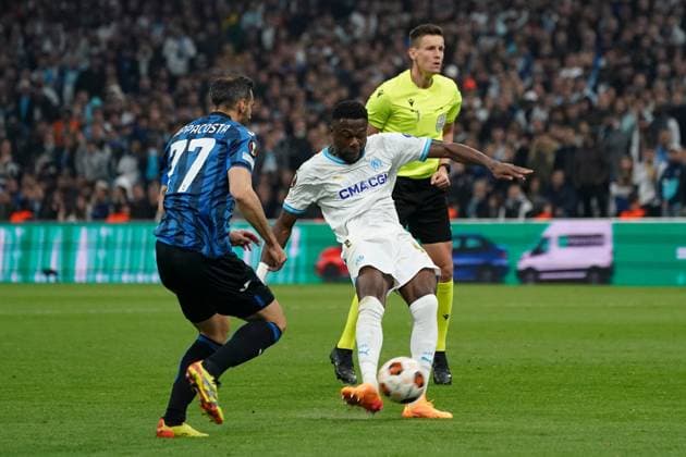 Chancel Mbemba of Olympique de Marseille score a goal during the UEFA Europa League semifinal first leg match between Atalanta Bergame and Olympique de Marseille at Orange VÃ lodrome in Marseille. FOOTBALL : Olympique de Marseille vs Atalanta Bergame - Demi finale Europa League - Marseille - 02 05 2024 NorbertScanella Panoramic 