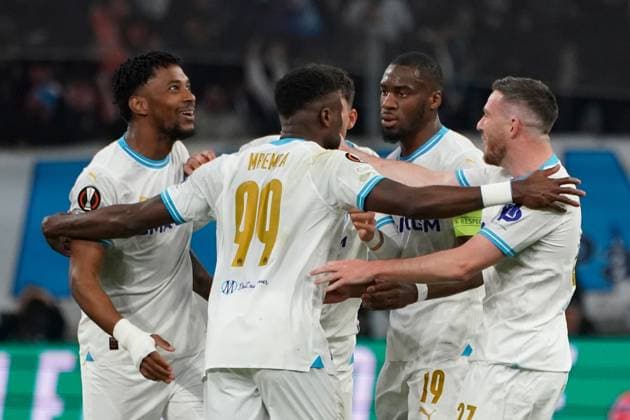 Chancel Mbemba of Olympique de Marseille celebrates after scoring during the UEFA Europa League semifinal first leg match between Atalanta Bergame and Olympique de Marseille at Orange VÃ lodrome in Marseille. FOOTBALL : Olympique de Marseille vs Atalanta Bergame - Demi finale Europa League - Marseille - 02 05 2024 NorbertScanella Panoramic 