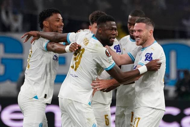 Chancel Mbemba of Olympique de Marseille celebrates after scoring during the UEFA Europa League semifinal first leg match between Atalanta Bergame and Olympique de Marseille at Orange VÃ lodrome in Marseille. FOOTBALL : Olympique de Marseille vs Atalanta Bergame - Demi finale Europa League - Marseille - 02 05 2024 NorbertScanella Panoramic 