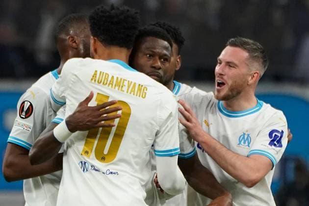 Chancel Mbemba of Olympique de Marseille celebrates after scoring during the UEFA Europa League semifinal first leg match between Atalanta Bergame and Olympique de Marseille at Orange VÃ lodrome in Marseille. FOOTBALL : Olympique de Marseille vs Atalanta Bergame - Demi finale Europa League - Marseille - 02 05 2024 NorbertScanella Panoramic 