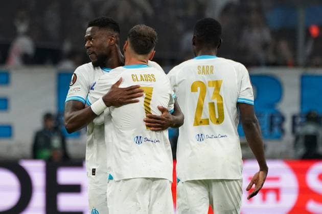 Chancel Mbemba of Olympique de Marseille celebrates after scoring during the UEFA Europa League semifinal first leg match between Atalanta Bergame and Olympique de Marseille at Orange VÃ lodrome in Marseille. FOOTBALL : Olympique de Marseille vs Atalanta Bergame - Demi finale Europa League - Marseille - 02 05 2024 NorbertScanella Panoramic 