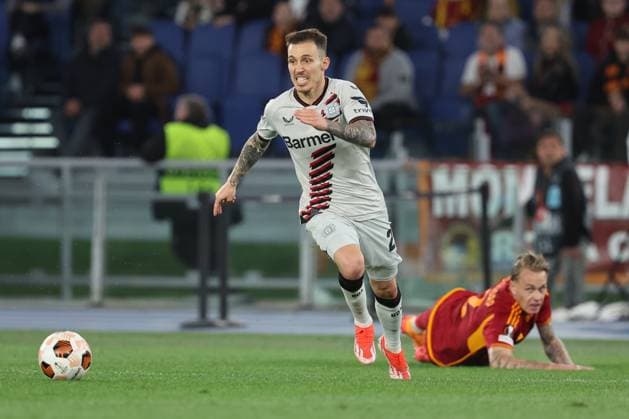 Rome, Italy 2.05.2024: Alejandro Grimaldo of Leverkusen , Rick Kasdorp of Roma during the UEFA Europa League 2023-2024, semi-finals leg 1, football match between AS Roma vs Bayer 04 Leverkusen FuSsball at Olympic Stadium in Rome.  Copyright: xMarcoxIacobucci IPAxSportx xipa-x xx IPA_45675934 IPA_Agency_IPA45675934